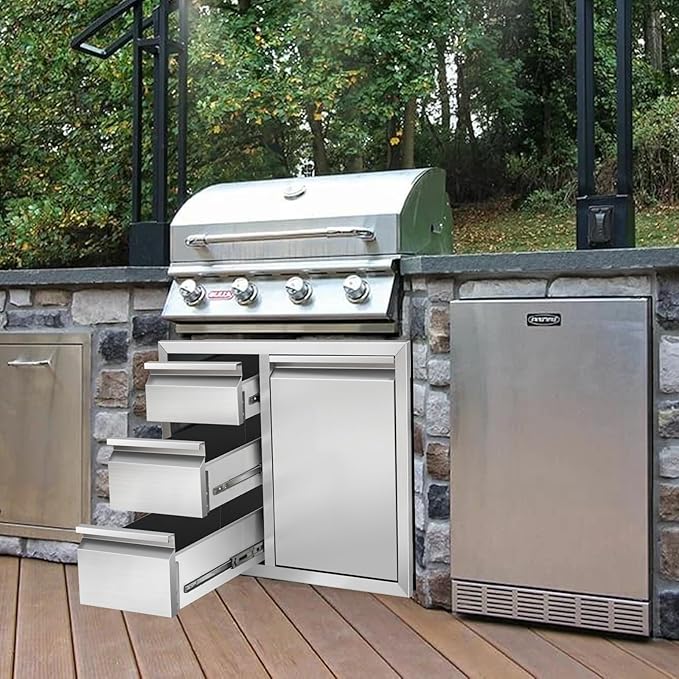 Outdoor Kitchen Drawer Combo, Stainless Steel Triple Drawer Cabinet with Built-in Trash Bin Drawer & Two Trash Cans, 28" W x 22" H x 19.5" D Outdoor Kitchen Storage for BBQ Grill Islands