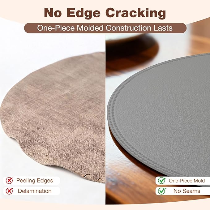 Round Vinyl Gray Placemats Set of 6, Faux Leather Waterproof Wipeable Heat Resistant Place Mats, Washable Table Mats for Halloween, Thanksgiving & Christmas Dinner(Gray)