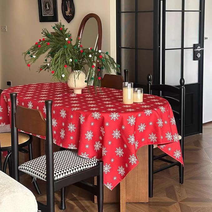 Christmas Red Tablecloth, Rectangle Table Cloh with Snowflake Decorations, Spillproof Cotton Linen Fabric Table Cover for Holiday, Winter, Party - 60''x108''