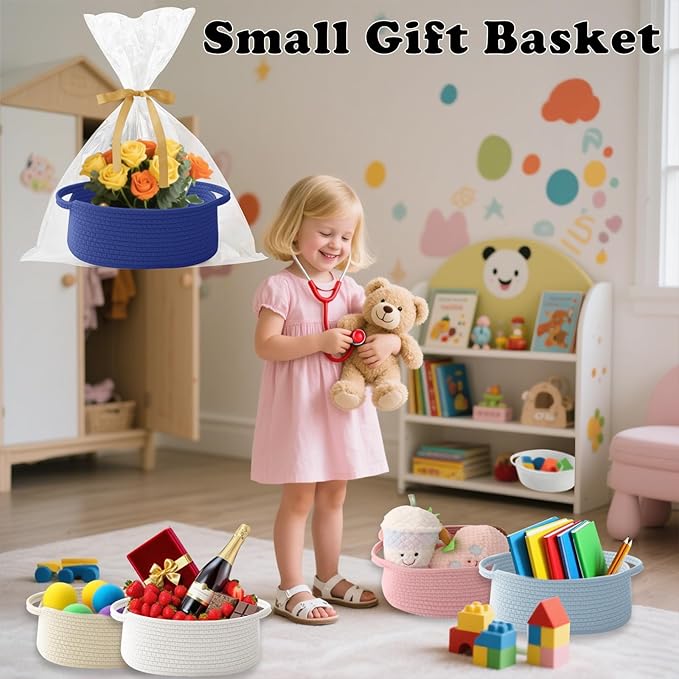 Gift Basket with Gift Bag and Ribbons,Small Rope Woven Shelf Storage,Baskets for Gifts Empty,Birthday,Baby Shower,Decorative Organizer Box with Handles(Royal Blue)