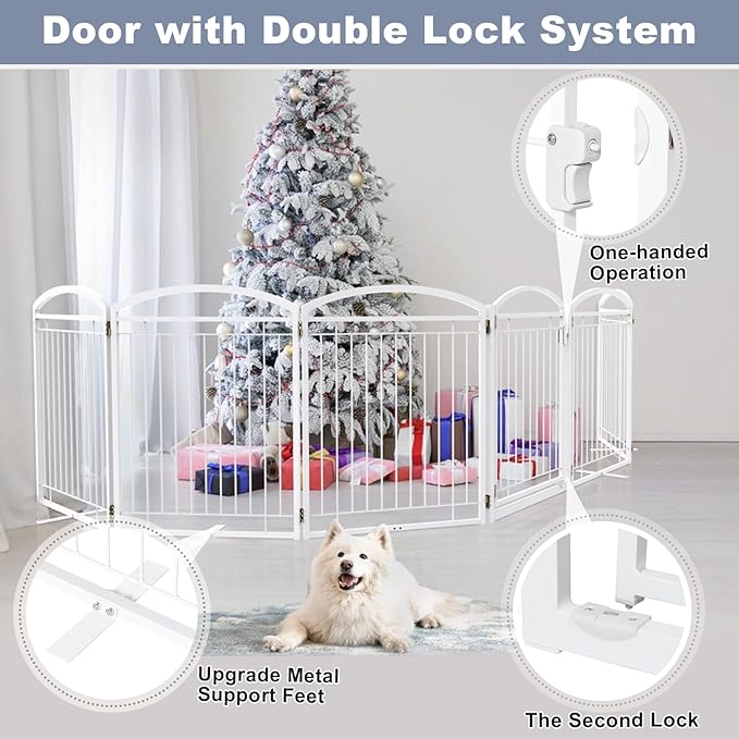Full Metal Free Standing Dog Gate with Door for Indoor Outdoor, 144'' Extra Wide 36'' Tall Dog Gate for Doorways,Large Openings,Decks,Freestanding Portable Pet Fence(6 Panels,White)