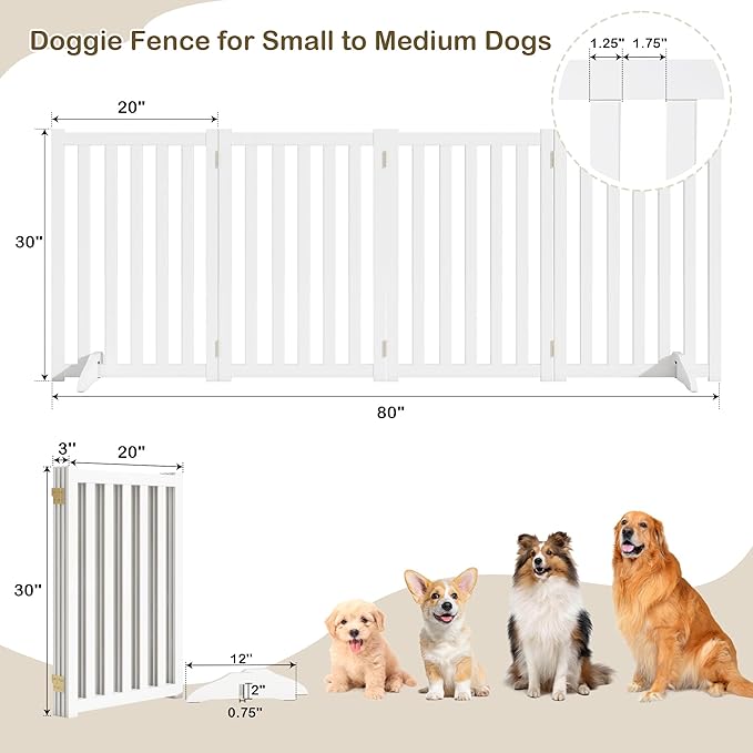 30" Height Tall Freestanding Pet Gate, Solid Wood Folding Safety Fence Wooden Dog Gate with 2 PCs Support Feet Ideal for Stairs, Doorways, Halls, Kitchens, Heavy Duty Gates, 4 Panels, White