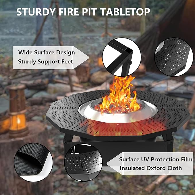 Fire Pit Surround Tabletop Use for Solo Stove Bonfire Ranger Yukon 2.0, with Coated Steel and UV-Resistant Outdoor Fabric, Adjustable Tabletop for Solo Stove Bonfire Accessories, Thick Metal