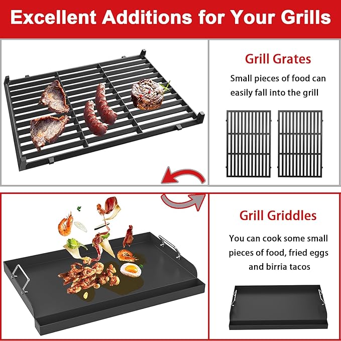 25" x 16" Nonstick Griddle Insert for Gas Grills, Carbon Steel Flat Top Griddle for Gas/Electric/Charcoal Grill, Universal Cooking Plate with Grease Groove for Outdoor Camping Tailgating Parties