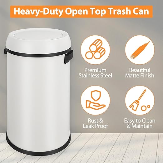 GarveeHome 17 gal/65 L Swing Top Trash Can, Stainless Steel Rubbish Bin, Commercial Grade Waste Container, Round Garbage Can for Outdoor, Home Office, Restaurant, White