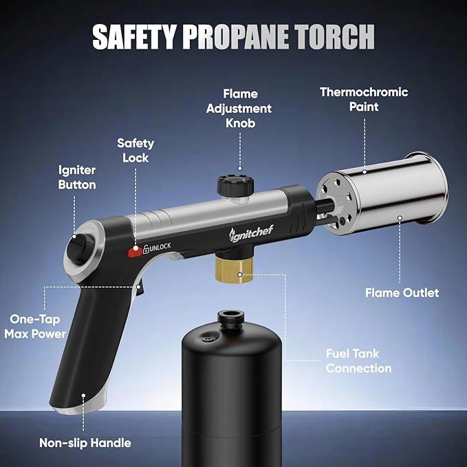 Powerful Propane Torch Head, Culinary Torch Lighter, Kitchen Cooking Torch, Adjustable Blow Torch for Sous Vide Searing Steak, Grill, Charcoal Starter, Campfire(Propane Tank Not Included)