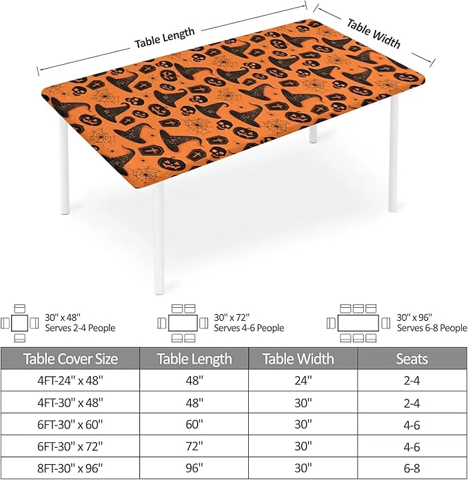 Rectangle Table Cloth Cover Waterproof Elastic Fitted Polyester Fitted Tablecloths for 8 Foot Tables for Indoor,Picnic, Camping, Outdoor （96" x 30"，Halloween Tablecloth）