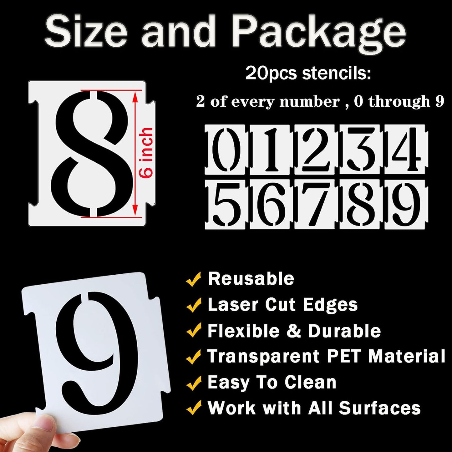 YEAJON 6 Inch Curb Stencil Kit 0-9 Address Number Stencils, 20Pcs Reusable 14 Mil Mylar Plastic Templates for Painting on Road, Wall, Wood, Mailbox