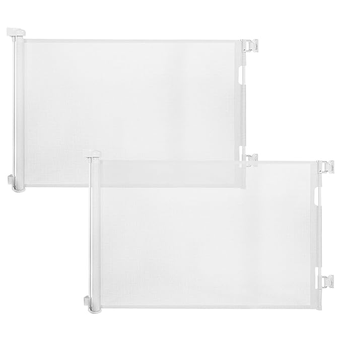 (2 Pack) Retractable Baby Gate for Stairs & Doorways,55" Wide x 33.6" Tall Easy Installation Mesh Dog Gate for Indoor & Outdoor Use,Pet and Dog Safety Gate for Hallways(White)