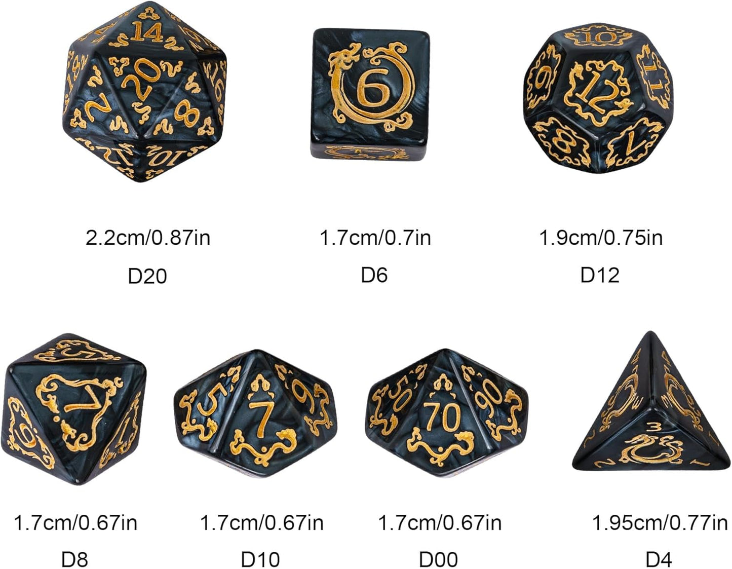 7-Die DND Dice Set Dragon Pattern Polyhedral Die with Leather Bag D&D Dice Set for RPG Table Games (Black W/Gold Dragon Pattern)