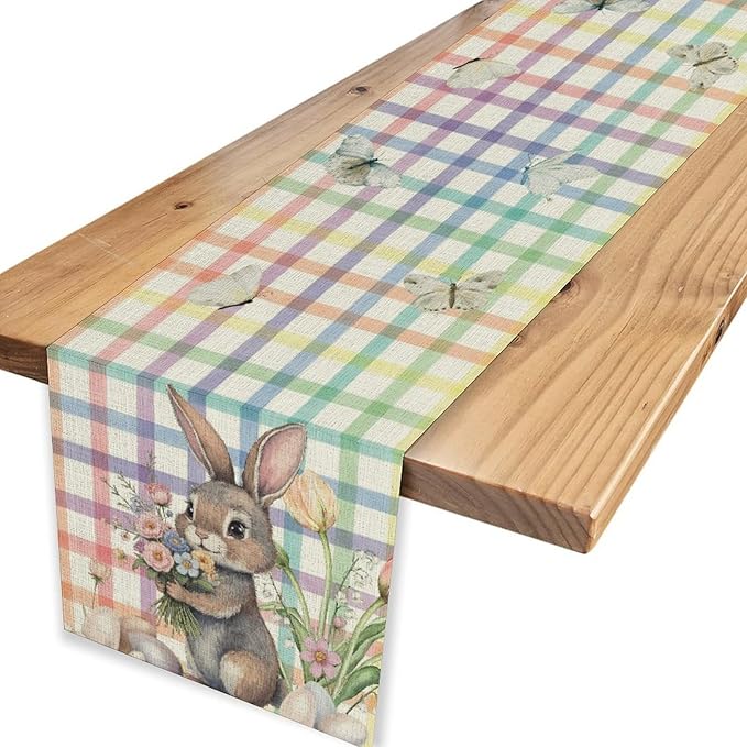 Happy Easter Table Runner,Rustic Watercolor Bunny Flowers Butterflies Eggs Seasonal Table Center Decor for Family Kitchen and Living Room Outdoor Farmhouse Party Table Decorations, 13"x36"