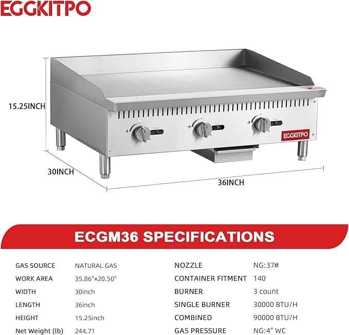 EGGKITPO 36 Inch CSA Certified Commercial Propane/Natural Gas Griddle Manual Controls 90,000 BTU Countertop Flat Top Grill Hot Plate with Independeent Knob 3 Burners Teppanyaki Grill for Restaurant