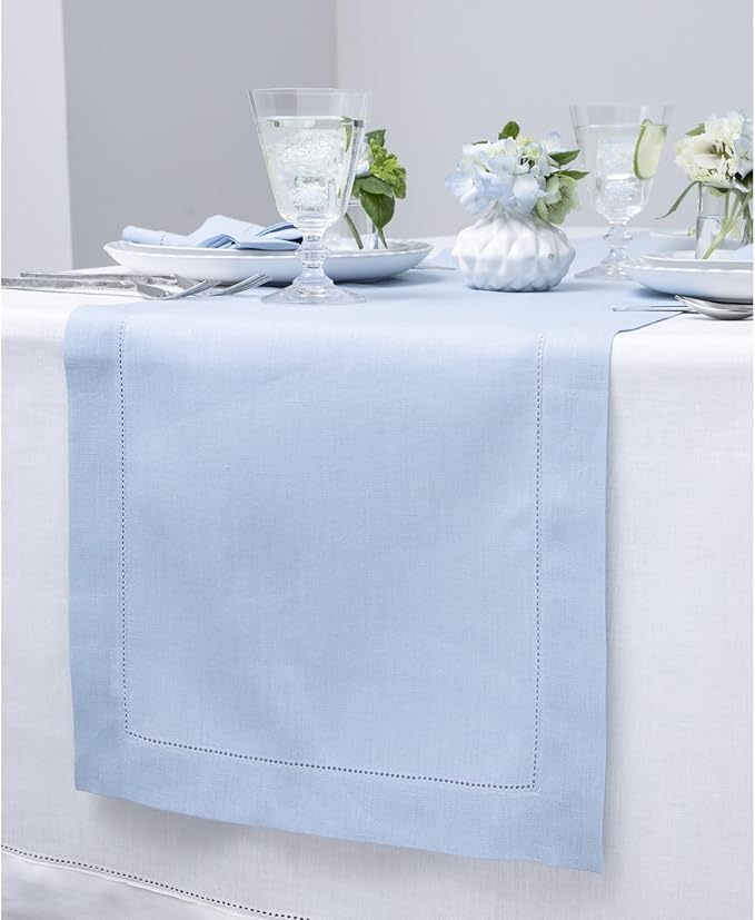 Solino Home Linen Sky Blue Table Runner 156 Inches Long - 100% Pure Linen Extra Long Table Runner 14 x 156 Inch for Spring, Easter - Classic Hemstitch