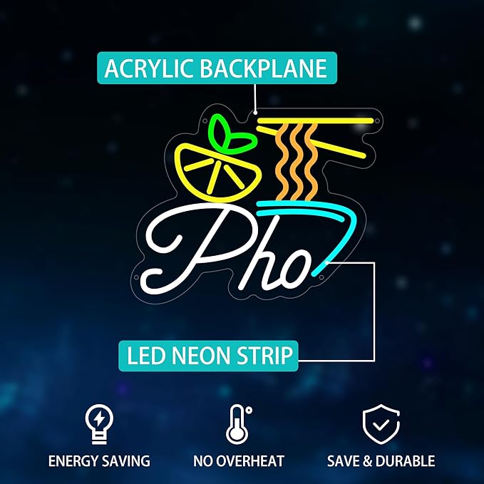 Pho Neon Sign for Wall Decor, Vietnamese Pho Led Sign for Vietnam Noodles Shop, Light up Signs for Business, Restaurant, Kitchen