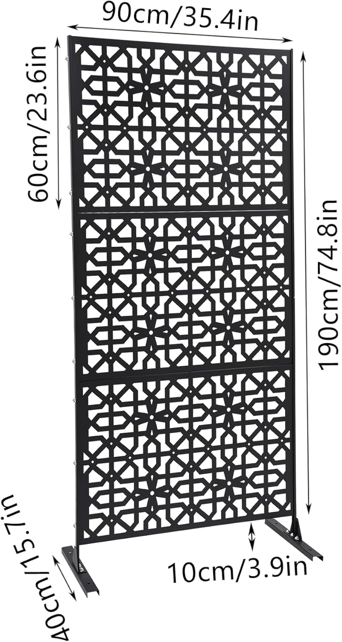 75" H×35" W Decorative Outdoor Privacy Screen with Stand, Outdoor Decor Privacy Fence Screen Metal Fence Panels, Free Standing Metal Divider for Patio Lawn Deck (Black-Knot)