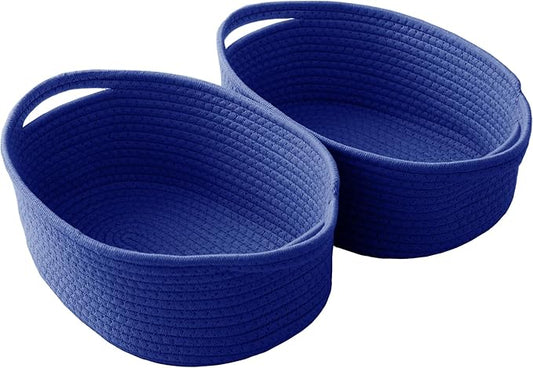 Woven Basket,Small Rope Storage Bin with Handles & Ribbon Bag, Organizer for Shelves Closets,Gift Basket Empty for Birthday,Books,Dog Toys, Navy Blue/2 Pack