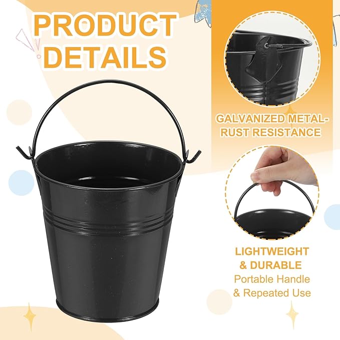 Small Metal Buckets, Mini Buckets with Handle Galvanized Colored Tin Pail Containers Basket Party Supplies - Fit for (Halloween - Classroom Crafts) 4" & 10Pcs & Black