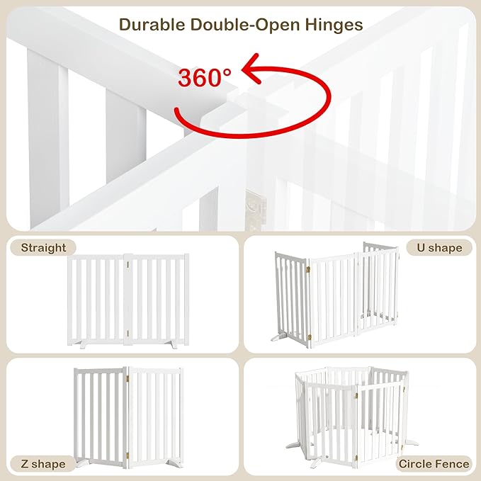 24" Height Tall Freestanding Pet Gate, Solid Wood Folding Safety Fence Wooden Dog Gate with 2 PCs Support Feet Ideal for Stairs, Doorways, Halls, Kitchens, Heavy Duty Gates, 2 Panels, White