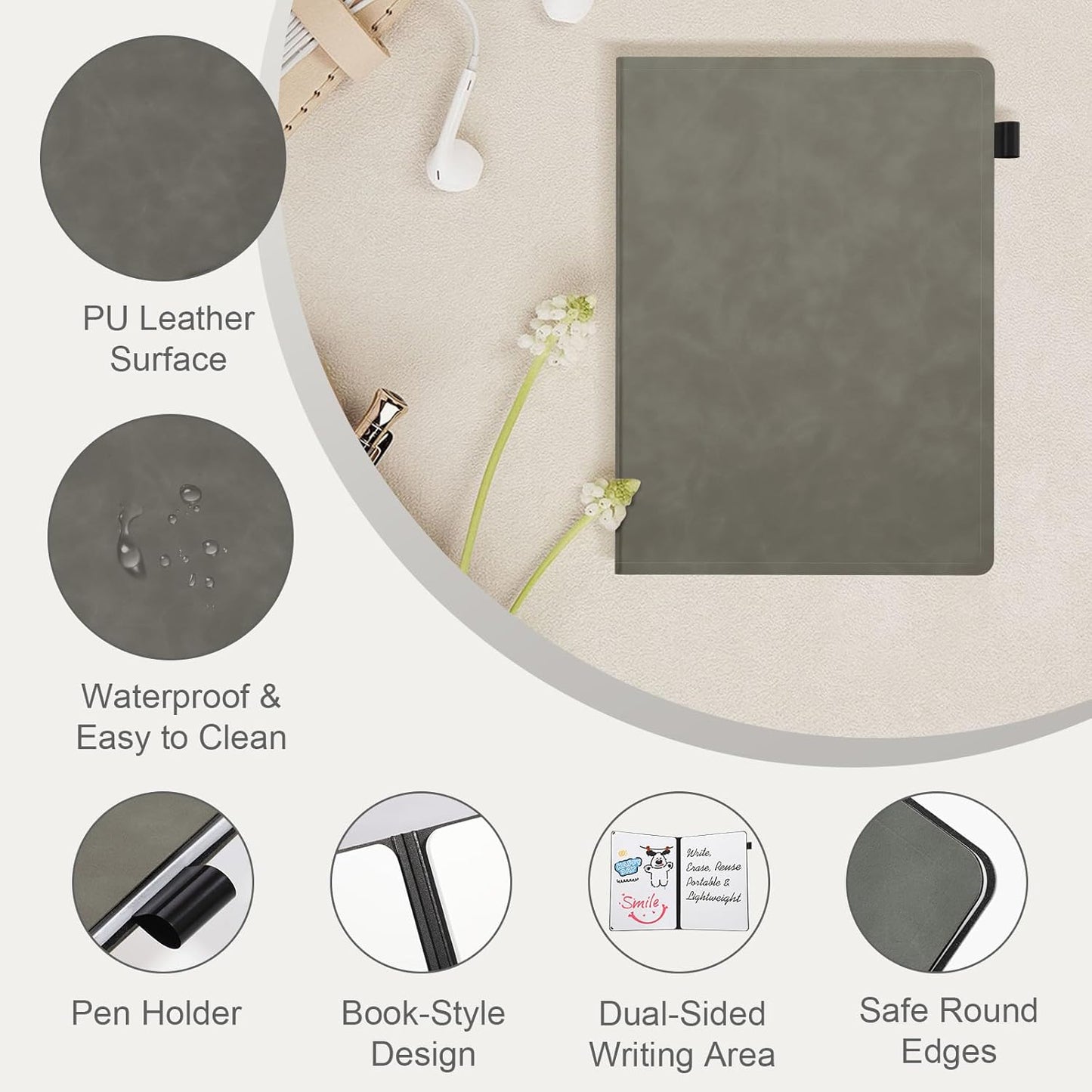 AGM Portable White Board Dry Erase Notebook, 12" x 9" Double Sided Folding Whiteboards with 3 Pens, Small Travel Dry Erase Board Skin-Friendly Material for Study, Meeting, Planning, Grey