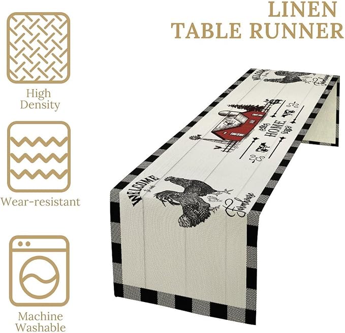Rooster Table Runners, Black White Buffalo Plaid Rustic Cow Farm Animal Table Runner for Wedding Coffee Dining Table Party Home Farmhouse 13x90in