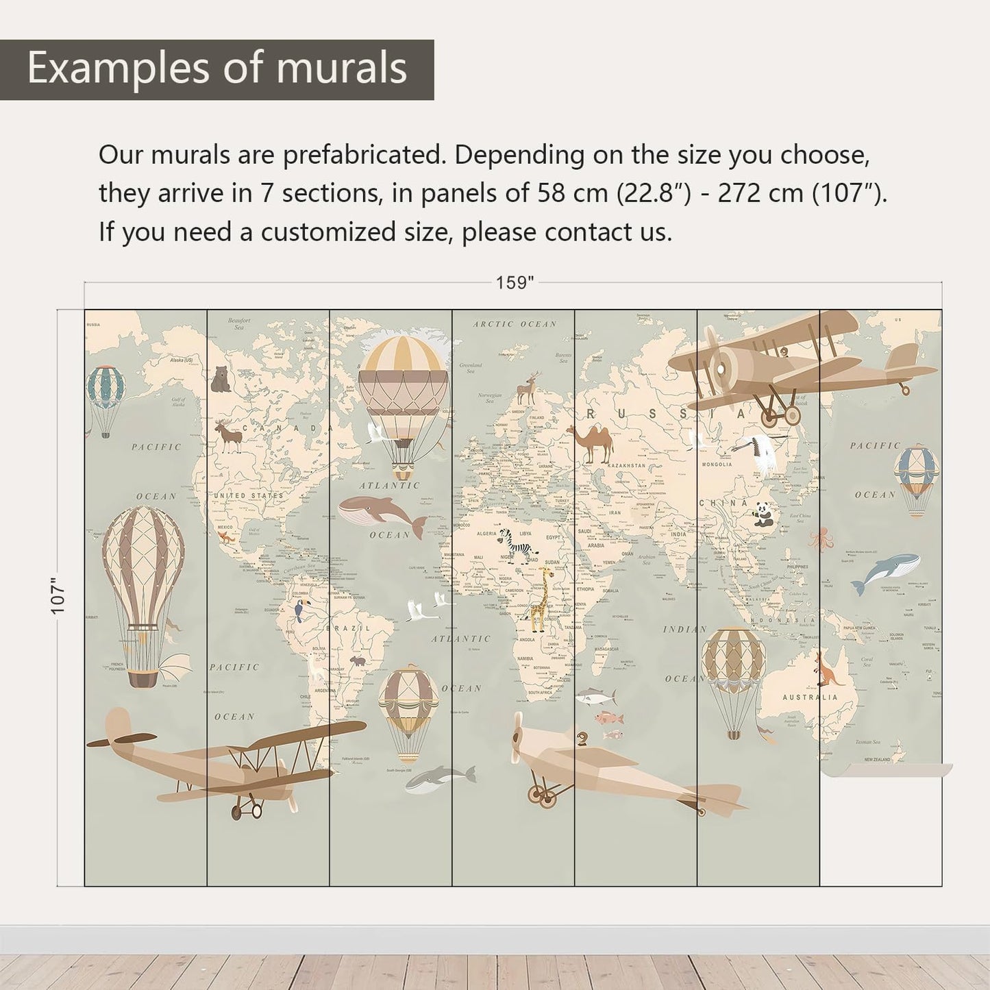 AFZEVEB-Vintage Animal Wallpaper Cartoon Aircraft Map Wall murals for Kids Room 159"x107"(Not Peel and Stick)