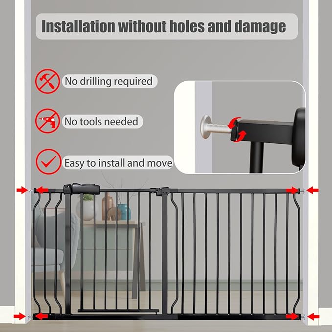 Extra Wide Baby Gate 48-52.7 Inch - Tension Mounted Dog Gate Indoor for Banisters & Wide Hallways - Black Metal, Walk-Through Safety Gate for Kids & Pets