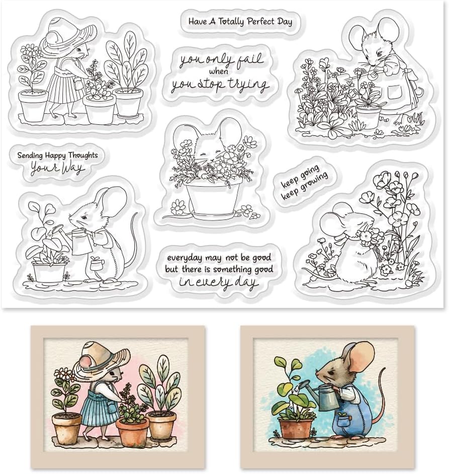 Cute Mouse Garden Planting Flowers Animal Clear Stamps for Scrapbooking DIY Crafting Paper Crafting Card Making Garden Friends Cut Dies Set Happy