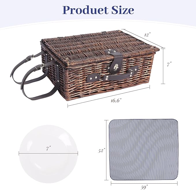 Neti Neti Wicker Picnic Basket for 4 with Insulated Cooler & Waterproof Blanket – Large Willow Picnic Hamper for Outdoor, Camping, Beach, Romantic Dates, Valentine’s Day