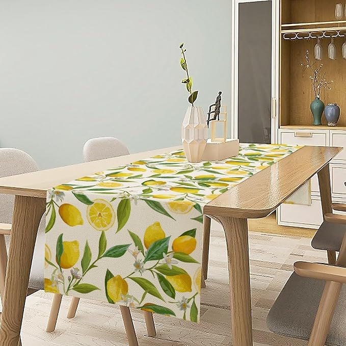 Lemon Table Runner, Summer Fruits Green Leaves Flower Plant Table Runner for Farmhouse Coffee Home Kitchen Dining Party Outdoor 13x120in