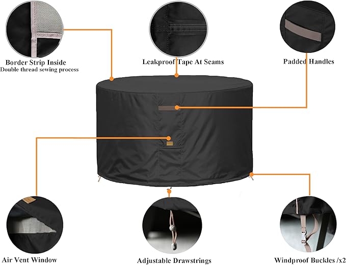 Fire Pit Cover 600D Heavy Duty Waterproof Fabric With PVC Coating Round 44" Dia x 24" H Black Fits 40-42 inch Fire Pit Table Fade Resistant Outdoor Firepit Cover