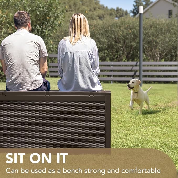 Devoko 95 Gallon Deck Box Large Resin Outdoor Storage Box, Waterproof and UV Resistant Lockable for Outdoor and Patio, Large Storage Cabinet for Patio Furniture, Garden Tools and Pool Supplies, Brown