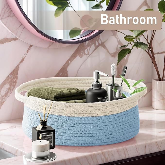 Woven Basket,Small Rope Storage Bin with Handles & Ribbon Bag, Organizer for Shelves Closets,Gift Basket Empty for Birthday,Books,Dog Toys, White&Blue/3 Pack