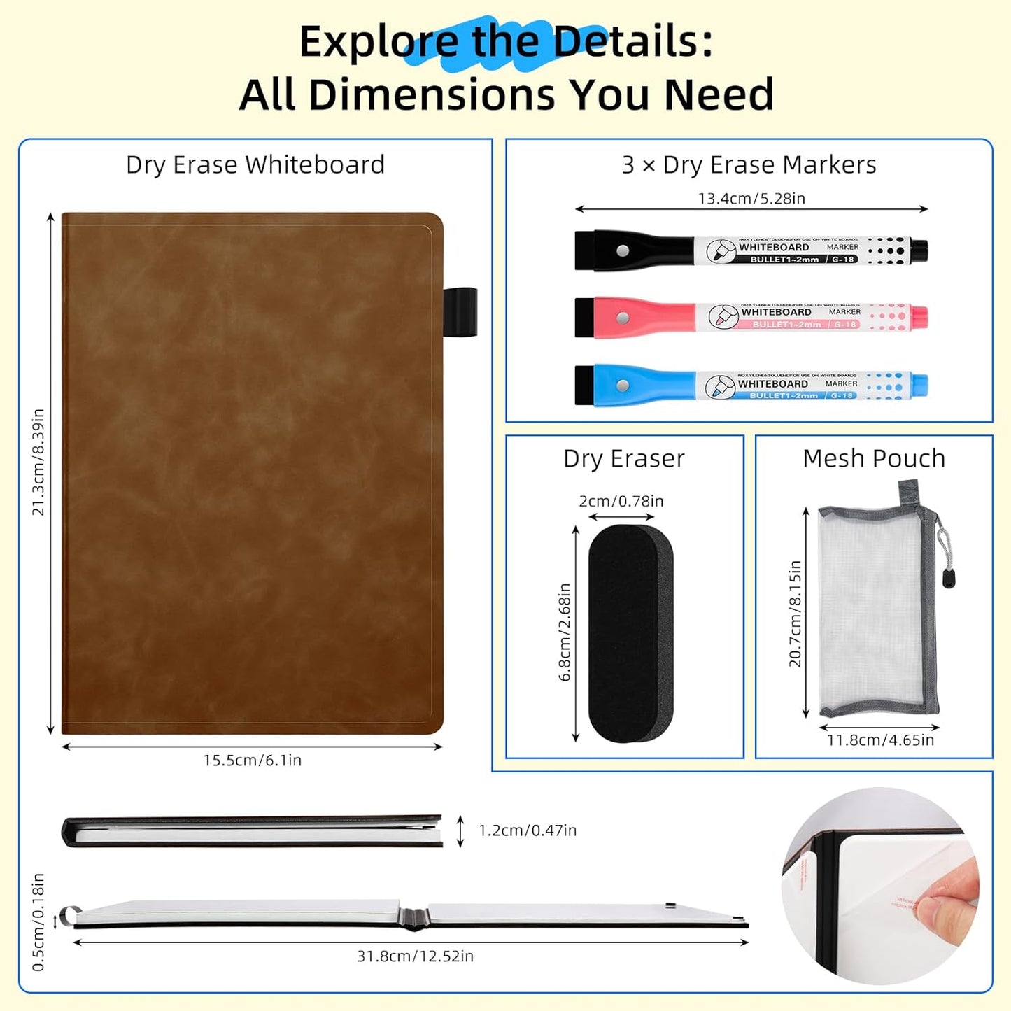 AGM Portable White Board Dry Erase Notebook, 8.4" x 6" Double Sided Folding Whiteboards with 3 Pens, Small Travel Dry Erase Board Skin-Friendly Material for Study, Meeting, Planning, Brown