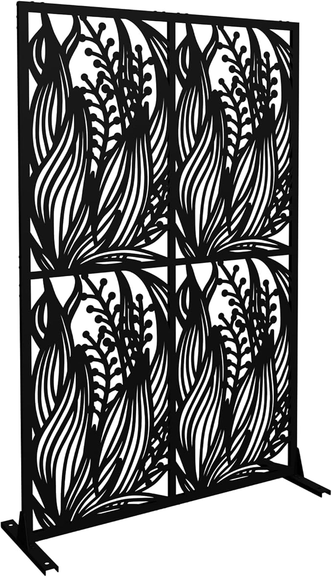 Metal Privacy Screen Room Divider 72" H x 45.3" W, Free Standing Decorative Panel with Bird Design for Indoor Outdoor Use, Black Iron Partition for Patio Balcony Garden (Leaf Black)
