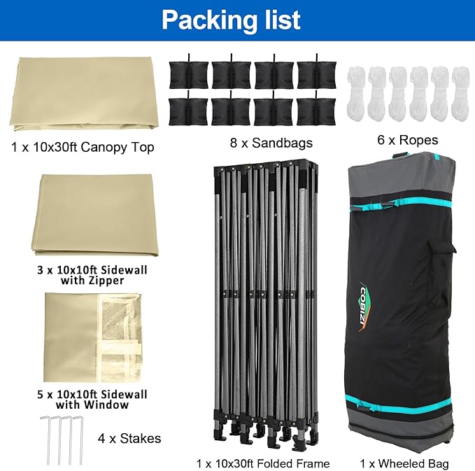 COBIZI 10x30 Pop up Canopy Tent 10x30 Canopy with 8 Sidewalls Waterproof Heavy Duty Commercial Canopy Tent for Parties Outdoor Garden Gazebo, Carry Bag with Wheel(10x30ft,Khaki)
