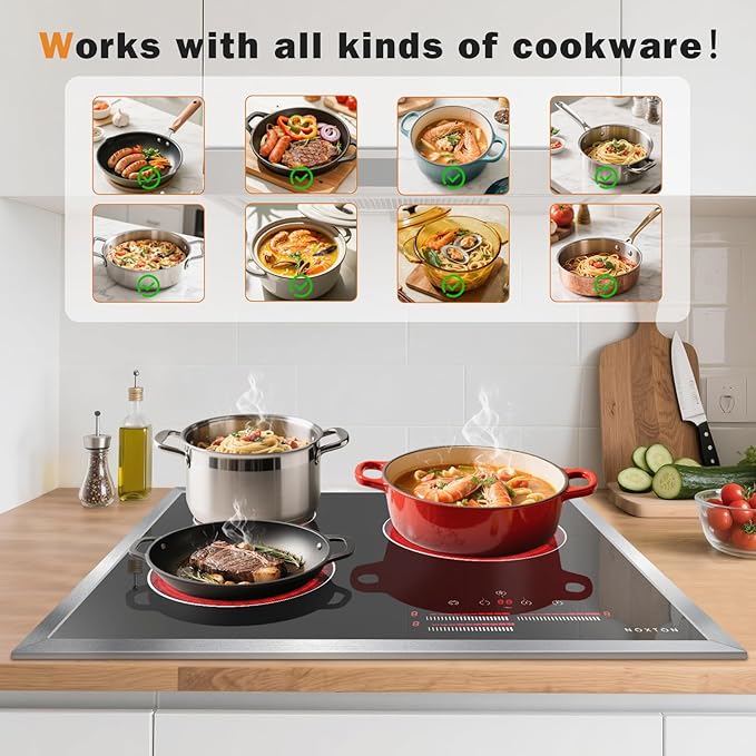 Noxton 24 Inch Electric Cooktop, 3 Burner Built-in Radiant Stove Top, Stainless Steel Frame, Dual Zone Ceramic Glass Hob, Touch Slide Control, 9 Power Levels, Timer, Child Lock, 5500W, 240V Hardwired