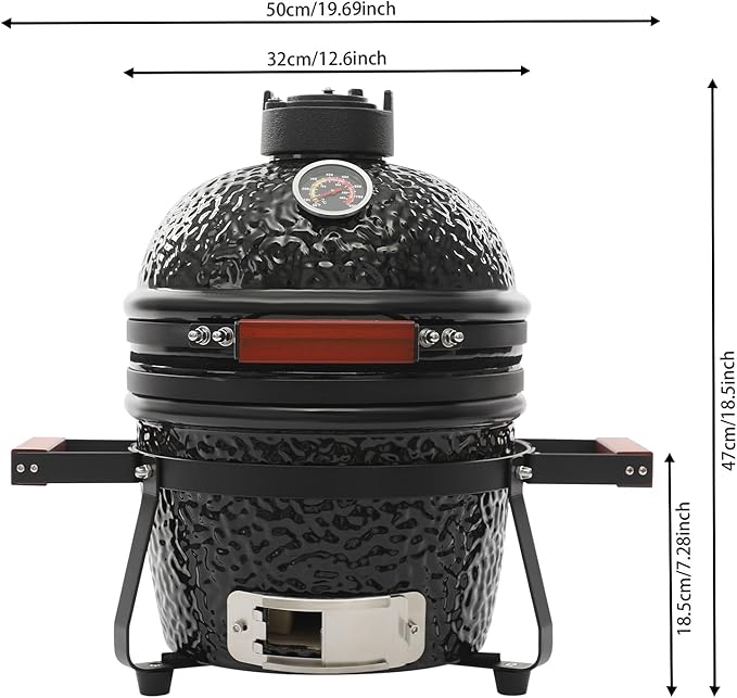 13 Inch Ceramic Charcoal Grill, Portable BBQ Smoker for Grilling & Smoking, Outdoor Patio Backyard Cooking, Movable Ceramic Barbecue Grill with Temperature Gauge