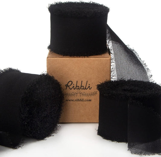 Ribbli Black Chiffon Ribbon - 1.5 inch x 30 Yard Handmade Silk, Fringe Chiffon for Wedding Invitations, Gift Wrapping, Bridal Bouquets, Flower Arrangement