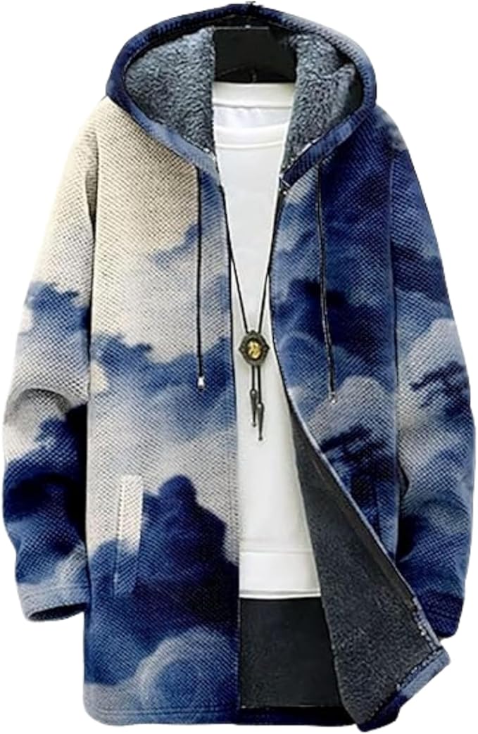 Men's Hooded Sweater Coat Knit Fleece Lined Long Cardigan Jacket with Zip Front Pocket Vintage Casual Zip Up