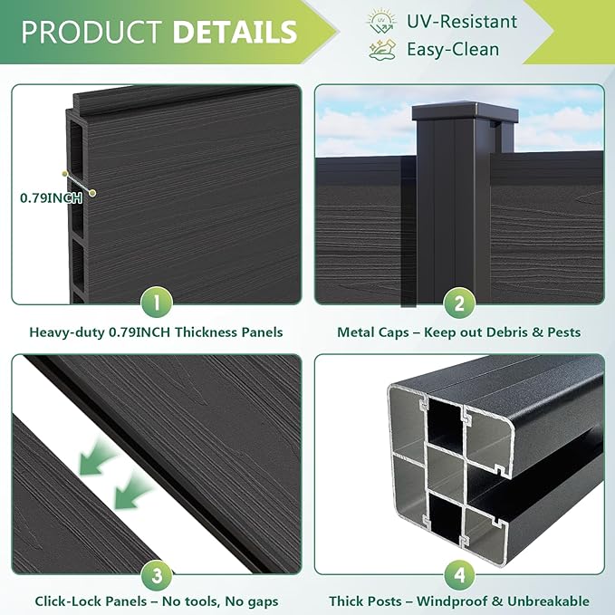 Mondaria Fence Privacy Screen with 8ft In-ground Posts, 6ft(H) x42ft(W) Wood Plastic Composite Fence Panels Weather-Resistant Outdoor Fence for Backyard/Garden (Silver Gray, 8 Posts)