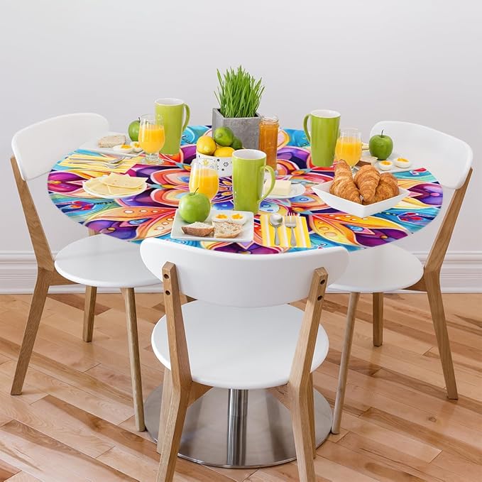 Floral Colorful Bright Vintage Round Table Cloth Cover, Elastic Edge Waterproof Wipeable Tablecloths 36"-42" Polyester Tablecloth for Party Restaurant Banquet Holiday Camping Outdoor Picnic