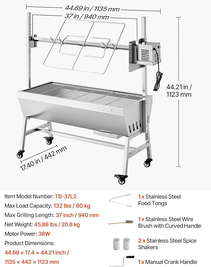 VEVOR Rotisserie Grill, 37in BBQ Outdoor Pig & Lamb Spit Roaster, Charcoal Spit Roaster with 132 LBS Capacity, Wheels, 7-Level Height, Stainless Steel Electric Rotisserie Grill Kit for Camping Outdoor