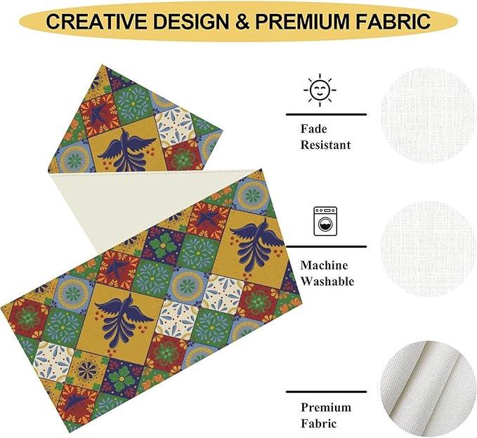 Mexican Table Runner, Orange Floral Birds Mexico Talavera Ceramic Dia De Los Muertos Coffee Table Center Decor for Family Home Kitchen and Dining Farmhouse Indoor Outdoor Table Decorations, 13" X 72"