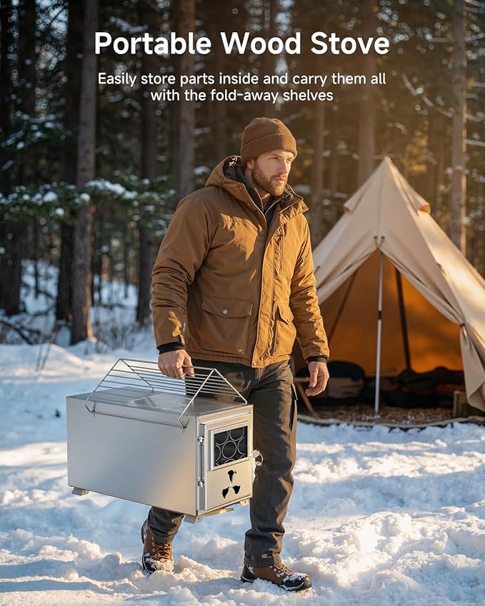 Hot Tent Wood Stove, Portable Wood Burning Stove with 7 Stainless Chimney Pipes, Camping Wood Stove for Outdoor Heating, Cooking, Ice Fishing, Hunting