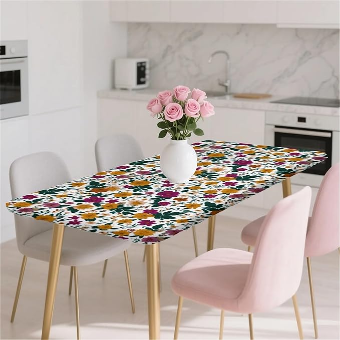 Rectangle Table Cloth Cover Waterproof Elastic Fitted Polyester Fitted Tablecloths for 6 Foot Tables for Indoor,Picnic, Camping, Outdoor （72" x 30"，Floral Print）