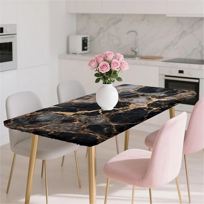 Rectangle Table Cloth Cover Waterproof Elastic Fitted Polyester Fitted Tablecloths for 6 Foot Tables for Indoor,Picnic, Camping, Outdoor （72" x 30"，Black Marble）