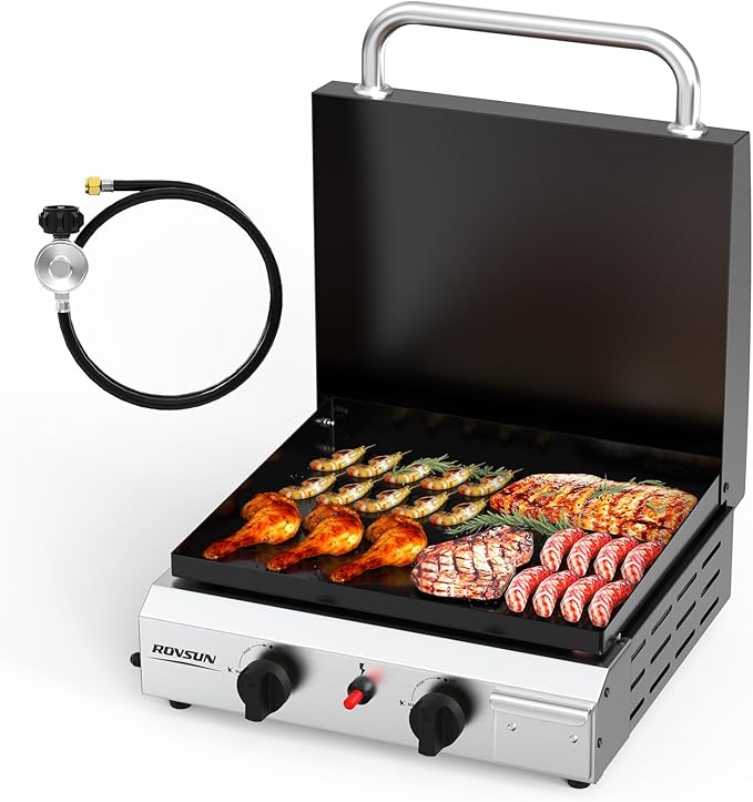 ROVSUN 2 Burner Portable Propane Griddle with Enameled Tray & Lid, 20,000 BTU Tabletop Flat Top Gas Grill with Electronic Ignition & Regulator for Outdoor Cooking Camping BBQ Tailgating Picnicking