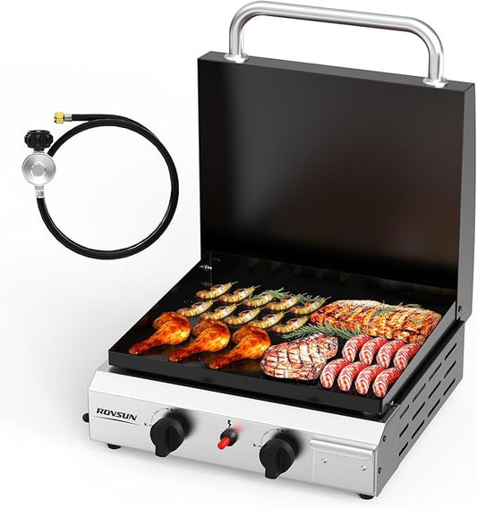 ROVSUN 2 Burner Portable Propane Griddle with Enameled Tray & Lid, 20,000 BTU Tabletop Flat Top Gas Grill with Electronic Ignition & Regulator for Outdoor Cooking Camping BBQ Tailgating Picnicking