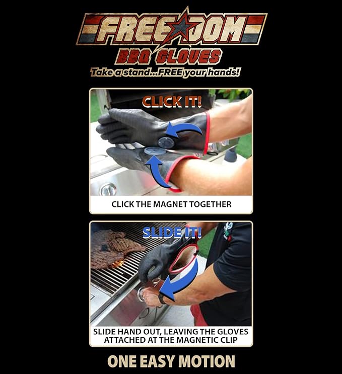 MagneCHEF Freedom BBQ Gloves 932°F Heat Rated Magnetic EZ On Off Safety Clips Waterproof for Grills Smokers Fryers Ovens (14")
