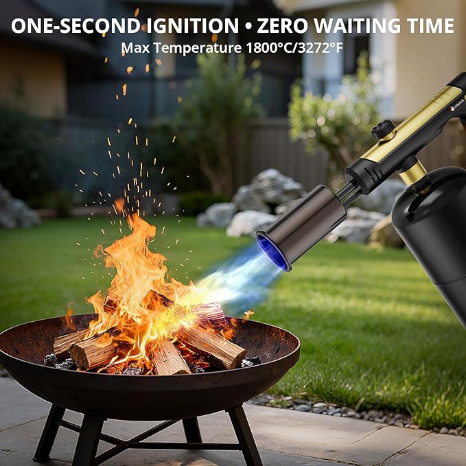 Powerful Cooking Propane Torch, Sous Vide, Adjustable Kitchen Torch with One-Touch Max Fire, Culinary Torch for Searing Steak, BBQ and Campfire Starter, Gold & Black(Tank Not Included)